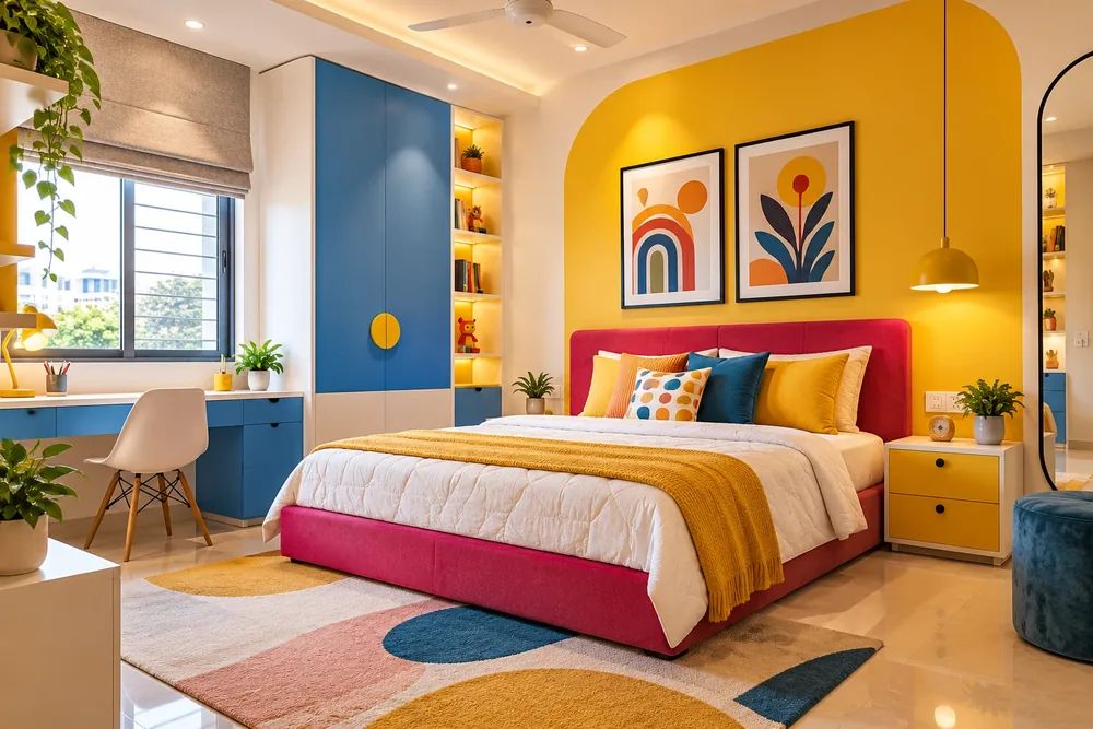 Bright kids bedroom with a sunflower yellow accent wall, pink bed and cobalt blue wardrobe