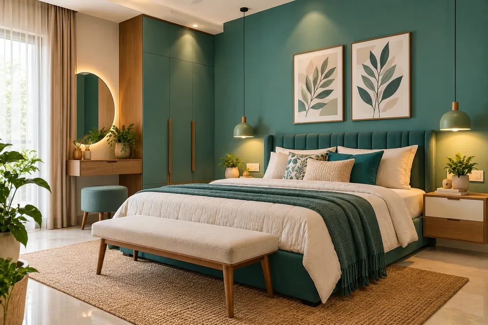 Calm bedroom with a deep teal wall, teal upholstered bed, cream bedding and warm wood furniture
