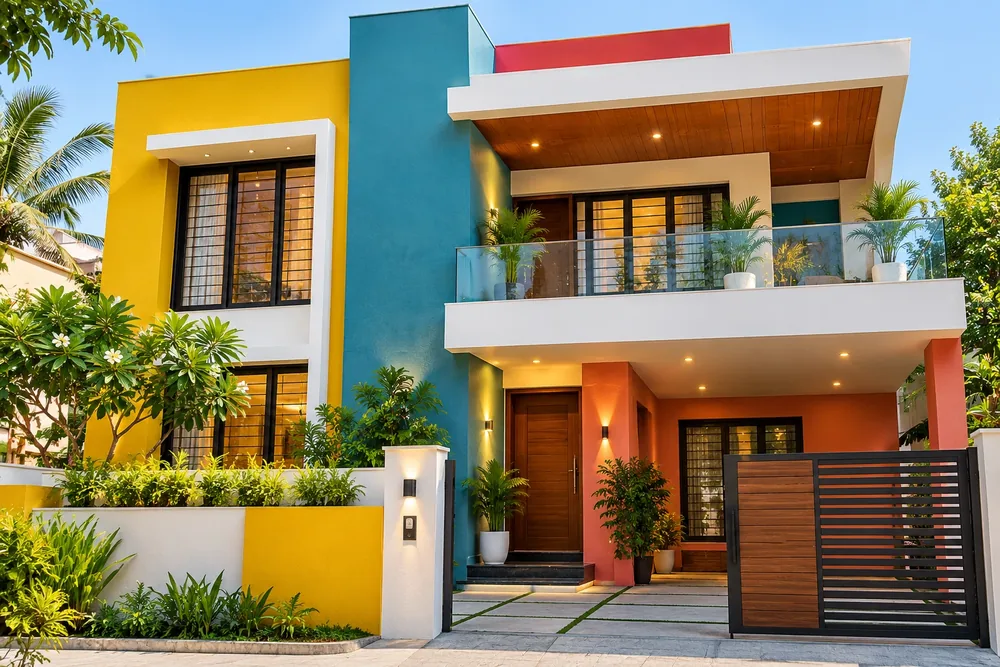Modern house exterior painted in yellow, teal and terracotta with white trims and a wooden gate