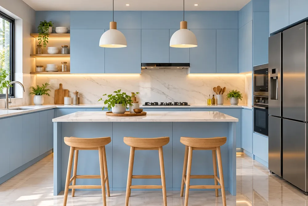 Modern kitchen with powder blue cabinets, white marble counters and oak bar stools