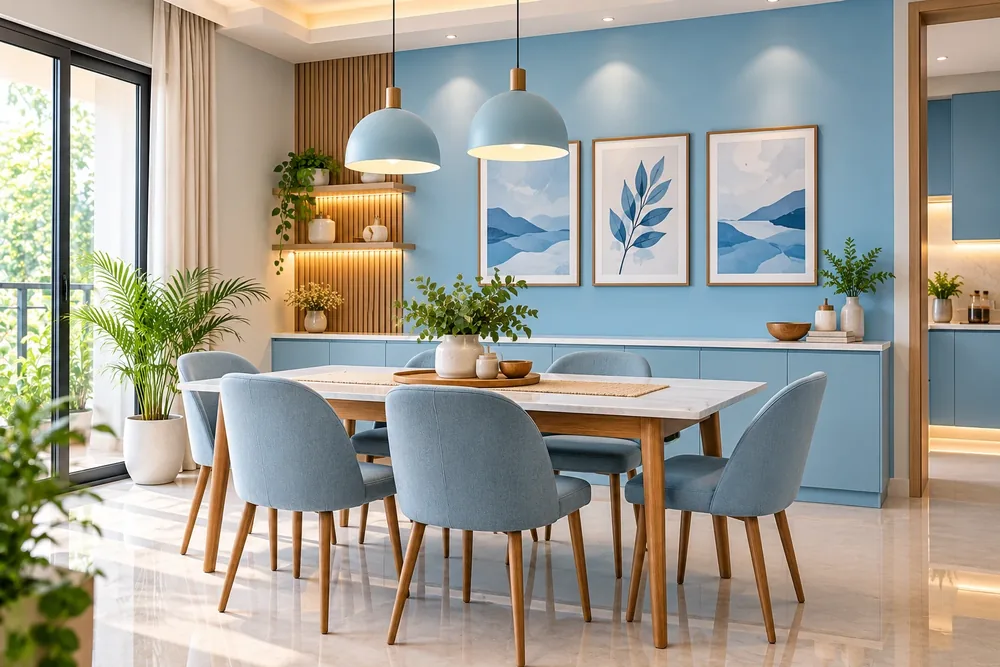 Dining room with a sky blue wall, blue upholstered chairs, marble table and oak accents