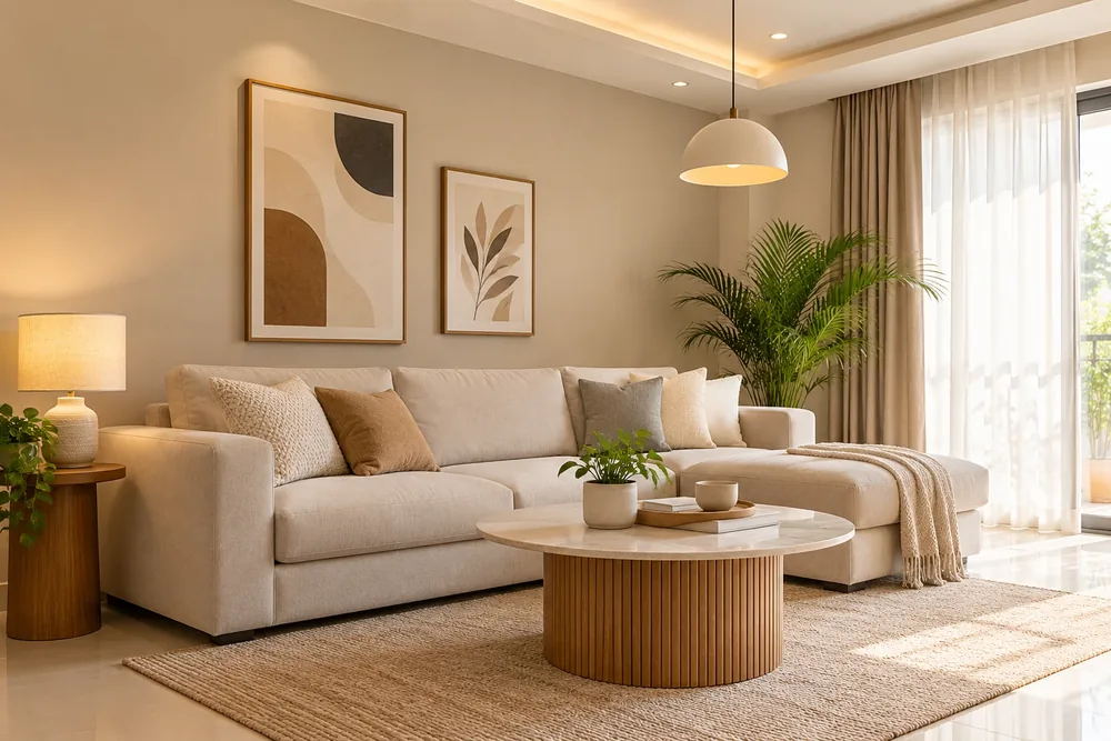 Living room in soft neutral colours – greige walls, cream sofa and warm wood accents